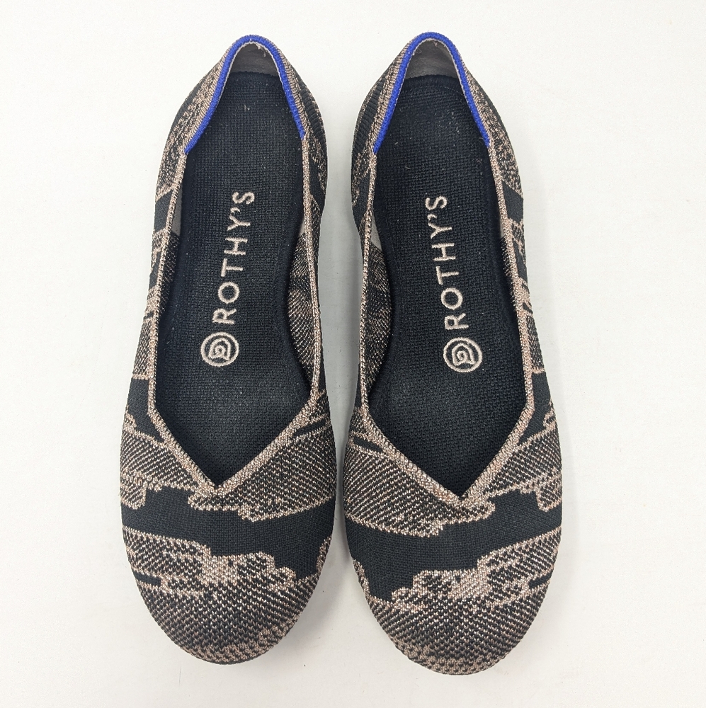 Rothys Womens The Flat Golden Shimmer Size 7 Black Rose Gold Knit Ballet Shoe